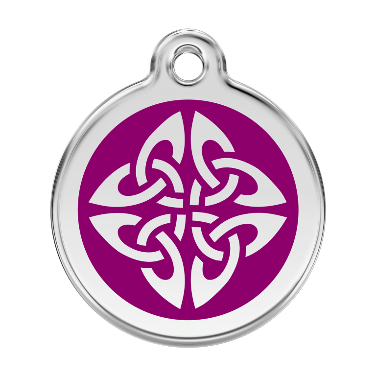 Vue avant - Médaille personnalisée pour chien Red Dingo Émail et acier inoxydable - Flèches tribales violettes - Größe L
