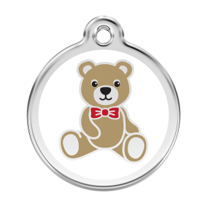 Hundemarke groß mit weißem Teddybär-Motiv aus Emaille und Edelstahl