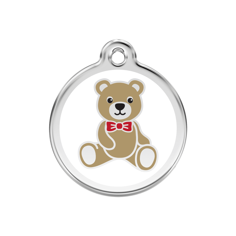 Vue avant - Médaille personnalisée Red Dingo Émail et acier inoxydable Ours en peluche Blanc 30.00mm - Pour chien/chat - Réf : 01-TB-WT-ME