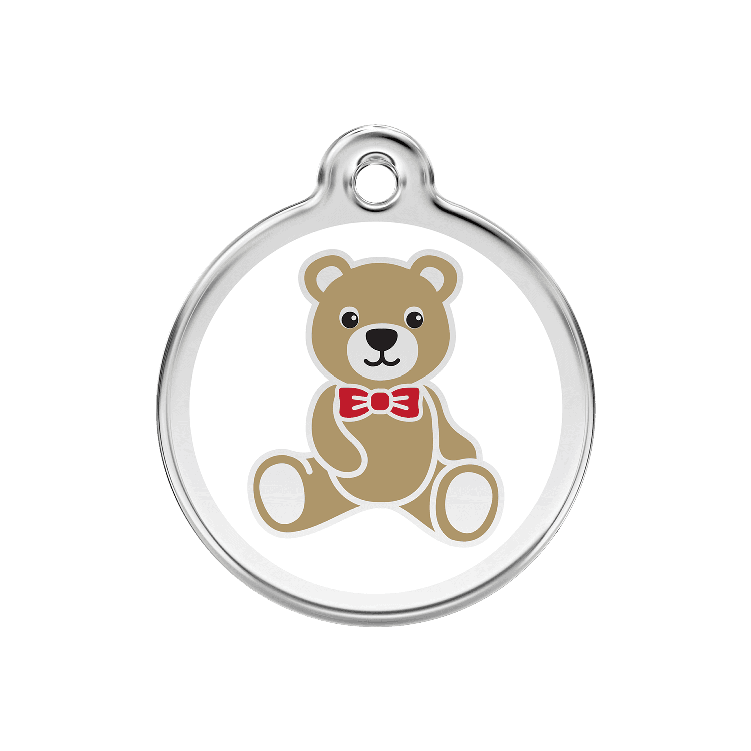 Vue avant - Médaille personnalisée Red Dingo Émail et acier inoxydable Ours en peluche Blanc 30.00mm - Pour chien/chat - Réf : 01-TB-WT-ME