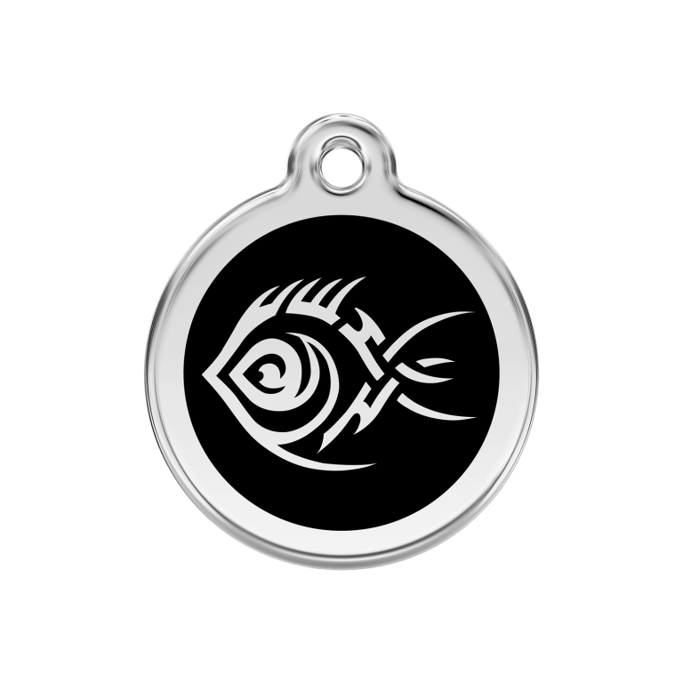Vue avant - Médaille personnalisée pour chien ou chat Red Dingo Émail et acier inoxydable Poisson tribal Noir 30.00mm