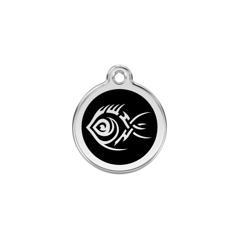 Vue avant - Médaille personnalisée pour chien/chat Red Dingo Émail et acier inoxydable - Poisson tribal - Noir - Größe S