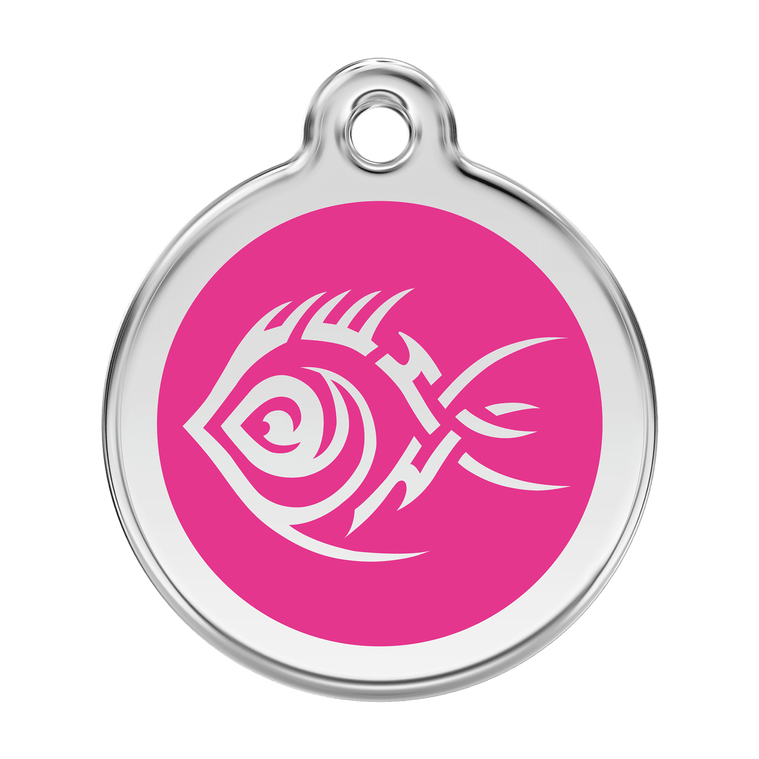Vue avant - Médaille personnalisée pour chien Red Dingo Émail et acier inoxydable Poisson tribal Rose vif - Größe L