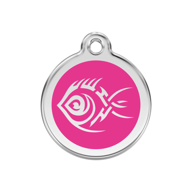 Vue avant - Médaille personnalisée pour chien Red Dingo Émail et acier inoxydable motif poisson tribal rose vif - Größe M