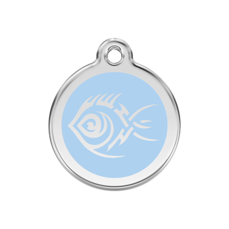 Vue avant - Médaille personnalisée pour chien Red Dingo Émail et acier inoxydable - Poisson tribal - Bleu clair - Größe M