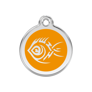 Hundemarke Tribal-Fisch Orange Größe M aus Emaille und Edelstahl