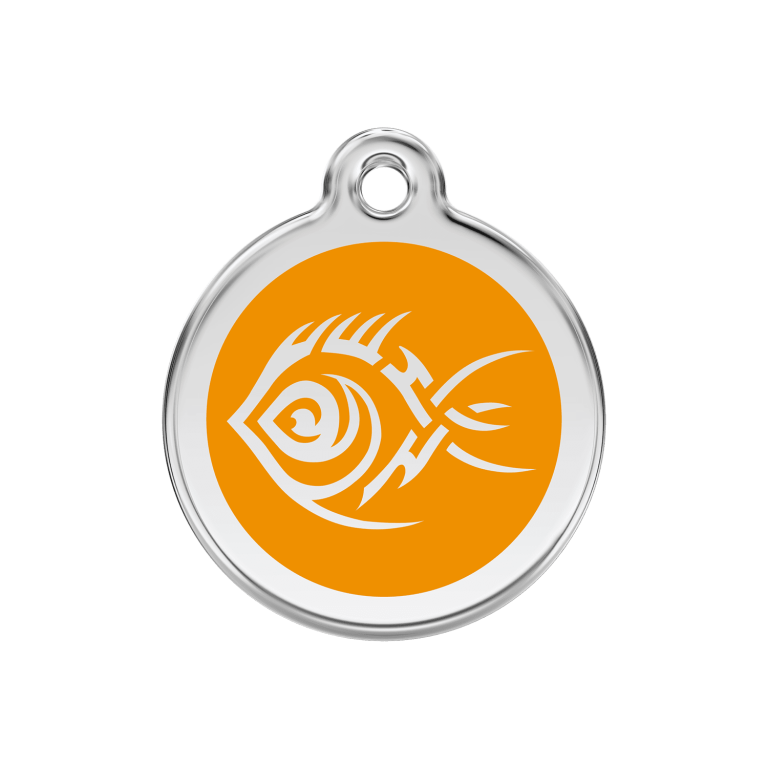 Vue avant - Médaille personnalisée pour chien Red Dingo Émail et acier inoxydable motif poisson tribal orange - Größe M