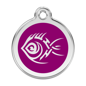 Hundemarke Tribal-Fisch Violett Größe L aus Emaille und Edelstahl