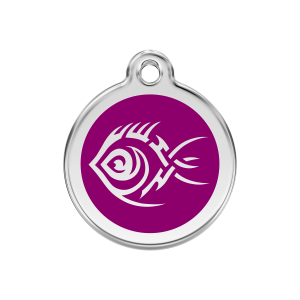 Hundemarke Tribal-Fisch Violett Größe M aus Emaille und Edelstahl