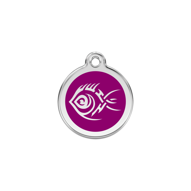 Vue avant - Médaille personnalisée pour chat Red Dingo Émail et acier inoxydable - Motif Poisson tribal - Violet - Größe S