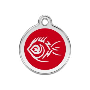 Hundemarke Tribal-Fisch Rot Größe M aus Emaille und Edelstahl