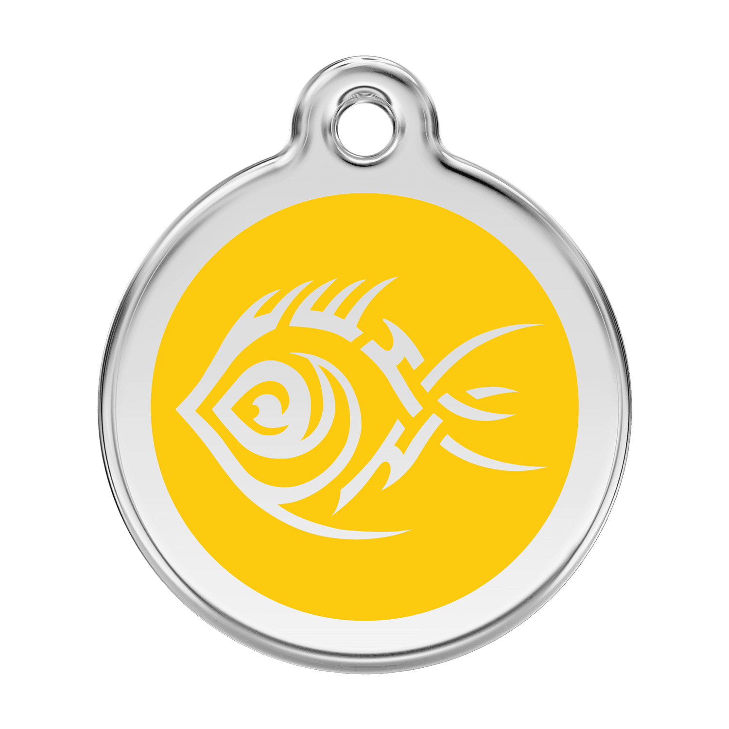 Vue avant - Médaille personnalisée pour chien Red Dingo Émail et acier inoxydable - Poisson tribal Jaune - Größe L