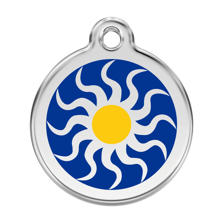 Vue avant - Médaille personnalisée pour chien Red Dingo Émail et acier inoxydable - Soleil tribal - Bleu foncé - Größe L