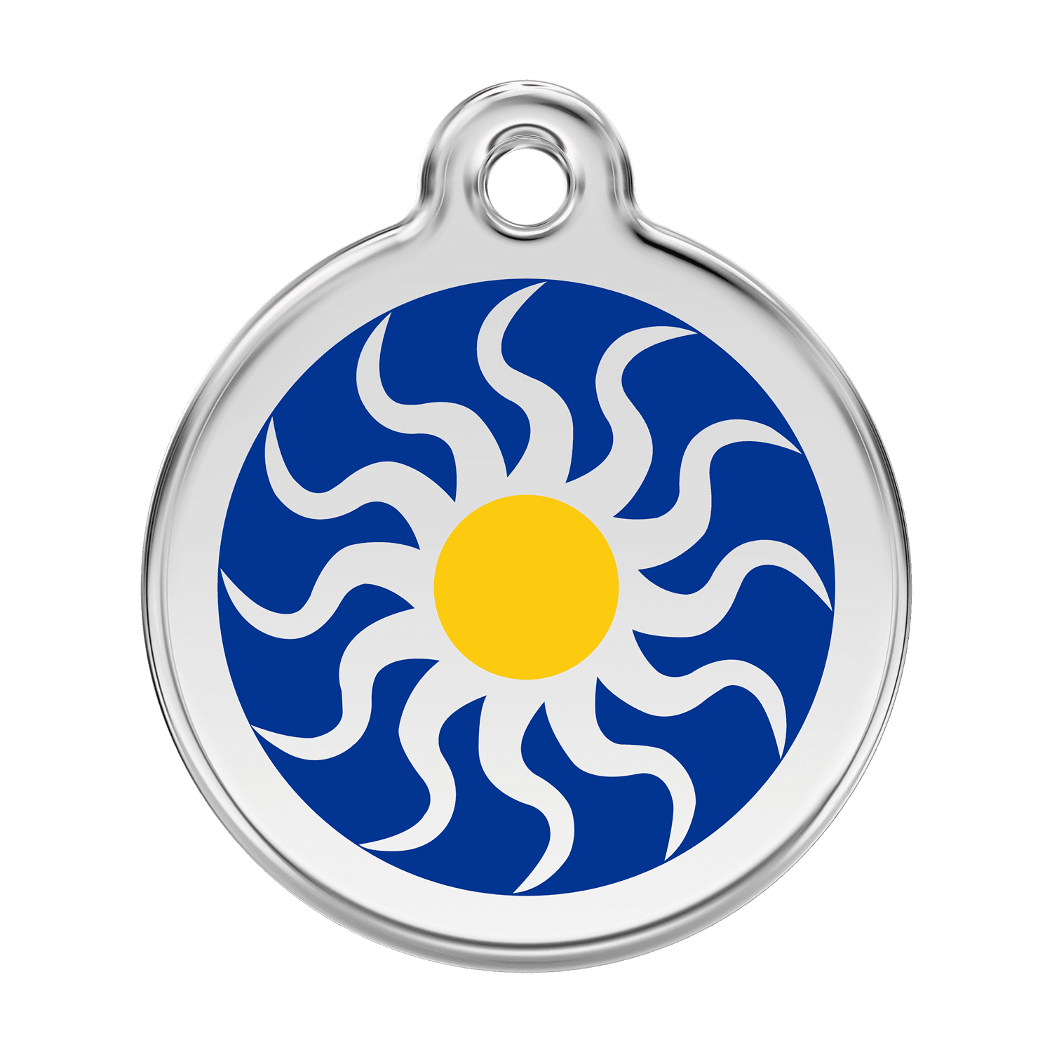 Vue avant - Médaille personnalisée pour chien Red Dingo Émail et acier inoxydable - Soleil tribal - Bleu foncé - Größe L