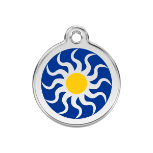 Hundemarke Mittel mit dunkelblauem Tribal-Sonnenmotiv aus Emaille und Edelstahl