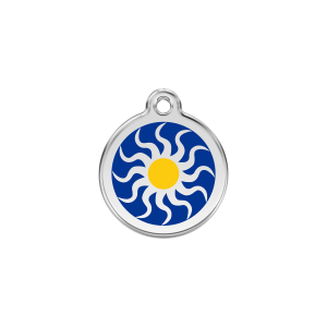 Katzenmarke klein mit dunkelblauem Tribal-Sonnenmotiv aus Emaille und Edelstahl