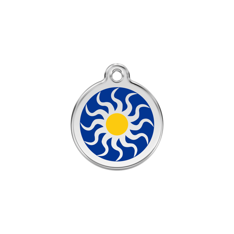 Vue avant - Médaille personnalisée pour chien/chat Red Dingo Émail/Acier inoxydable Soleil tribal Bleu foncé 20mm