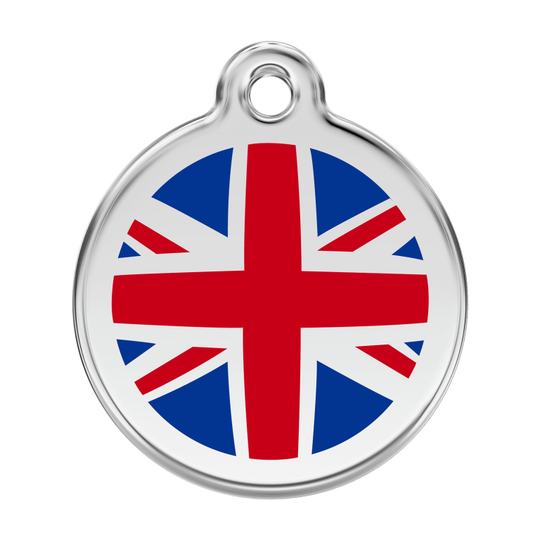 Vue avant - Médaille personnalisée pour chien Red Dingo Émail et acier inoxydable Drapeau britannique Bleu foncé - Größe L