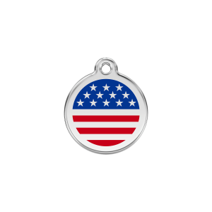 Katzenmarke klein mit dunkelblauem amerikanischen Flaggenmotiv aus Emaille und Edelstahl