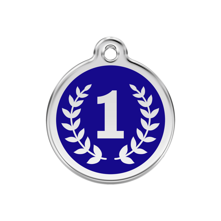 Vue avant - Médaille personnalisée pour chien Red Dingo Émail et acier inoxydable - Motif Gagnant - Bleu foncé - Größe M