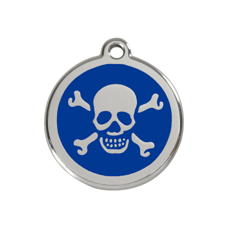 Vue avant - Médaille personnalisée pour chien Red Dingo Émail et acier inoxydable Tête de mort Bleu foncé - Größe M