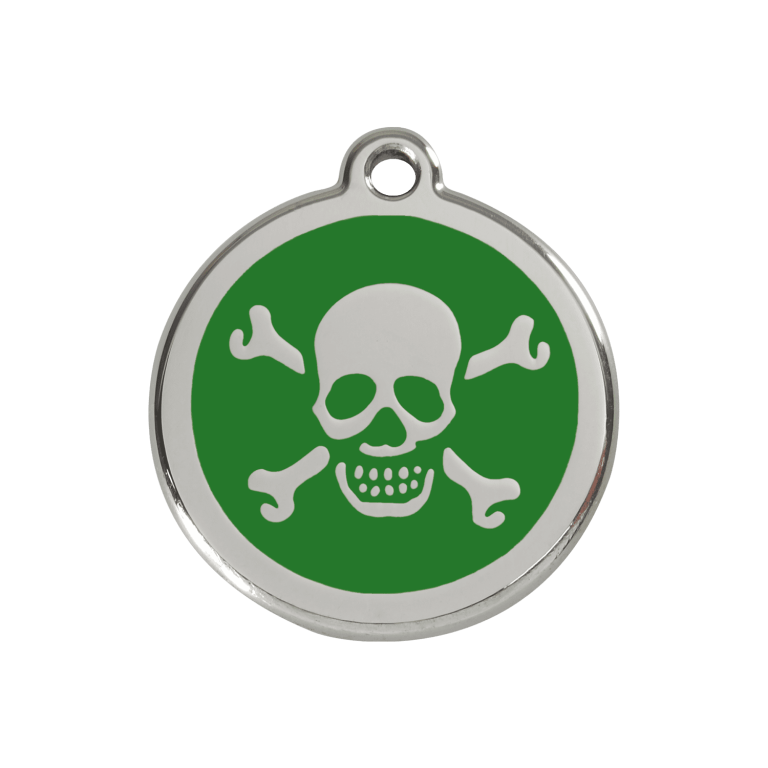 Vue avant - Médaille personnalisée pour chien/chat Red Dingo Émail et acier inoxydable - Tête de mort vert - Größe M