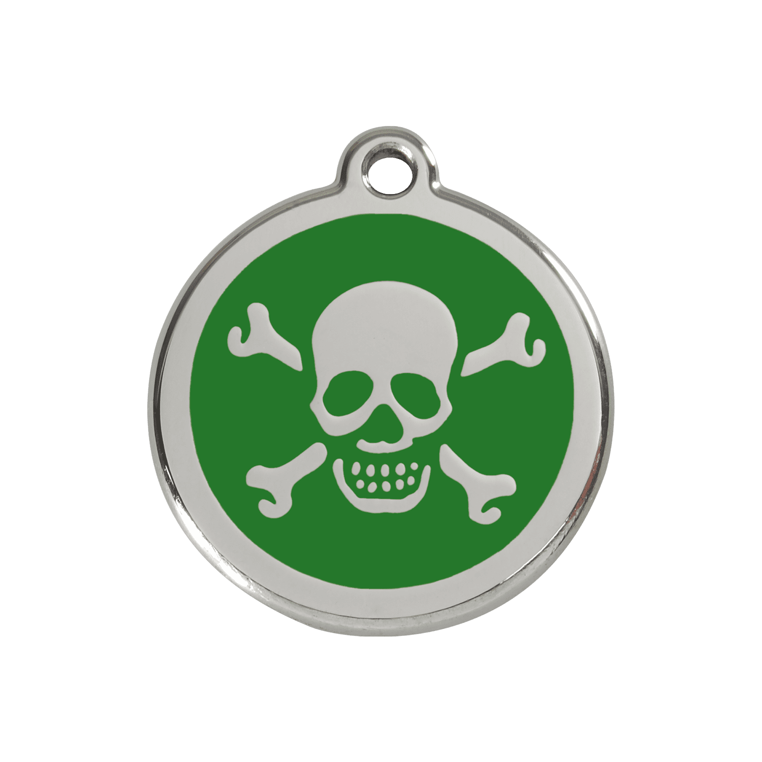 Vue avant - Médaille personnalisée pour chien/chat Red Dingo Émail et acier inoxydable - Tête de mort vert - Größe M