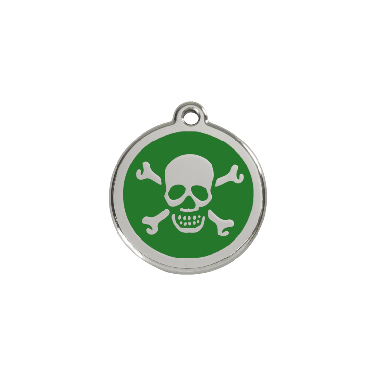 Vue avant - Médaille personnalisée pour chien/chat Red Dingo Émail et acier inoxydable - Tête de mort vert - Größe S