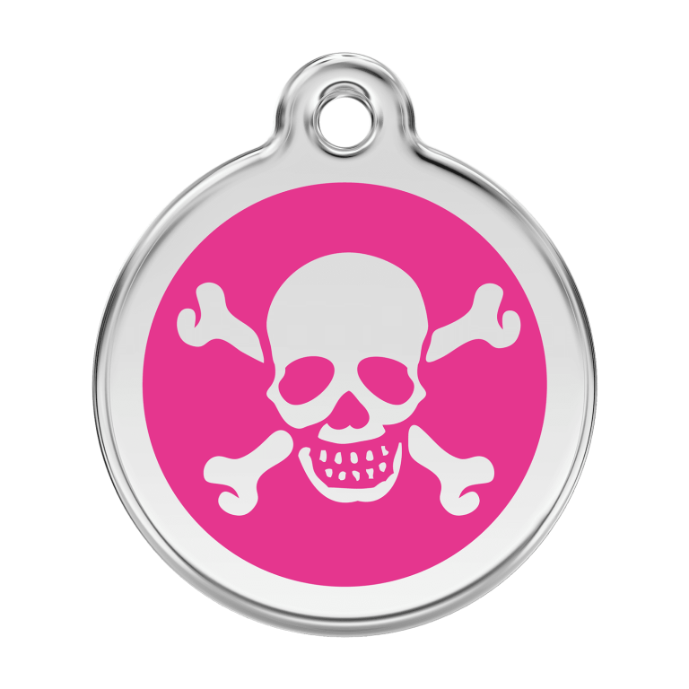 Vue avant - Médaille personnalisée pour chien Red Dingo Émail et acier inoxydable - Tête de mort - Rose vif - Größe L