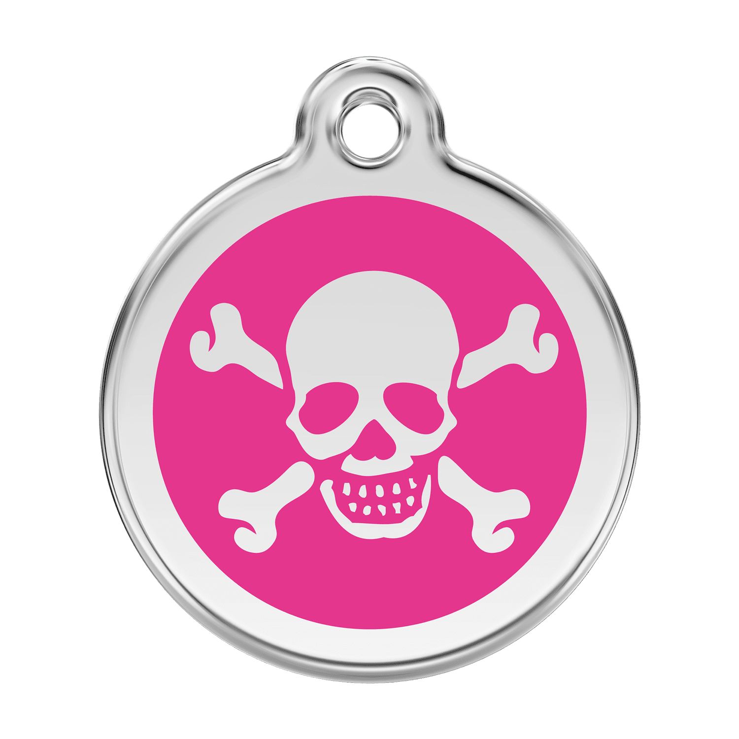 Vue avant - Médaille personnalisée pour chien Red Dingo Émail et acier inoxydable - Tête de mort - Rose vif - Größe L