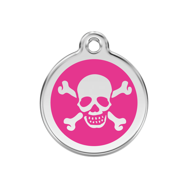 Vue avant - Médaille personnalisée Red Dingo Émail et acier inoxydable - Tête de mort - Rose vif - Größe M