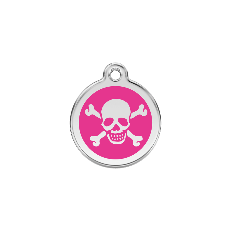 Vue avant - Médaille personnalisée en émail et acier inoxydable pour chat - Red Dingo - Tête de mort rose vif - Größe S