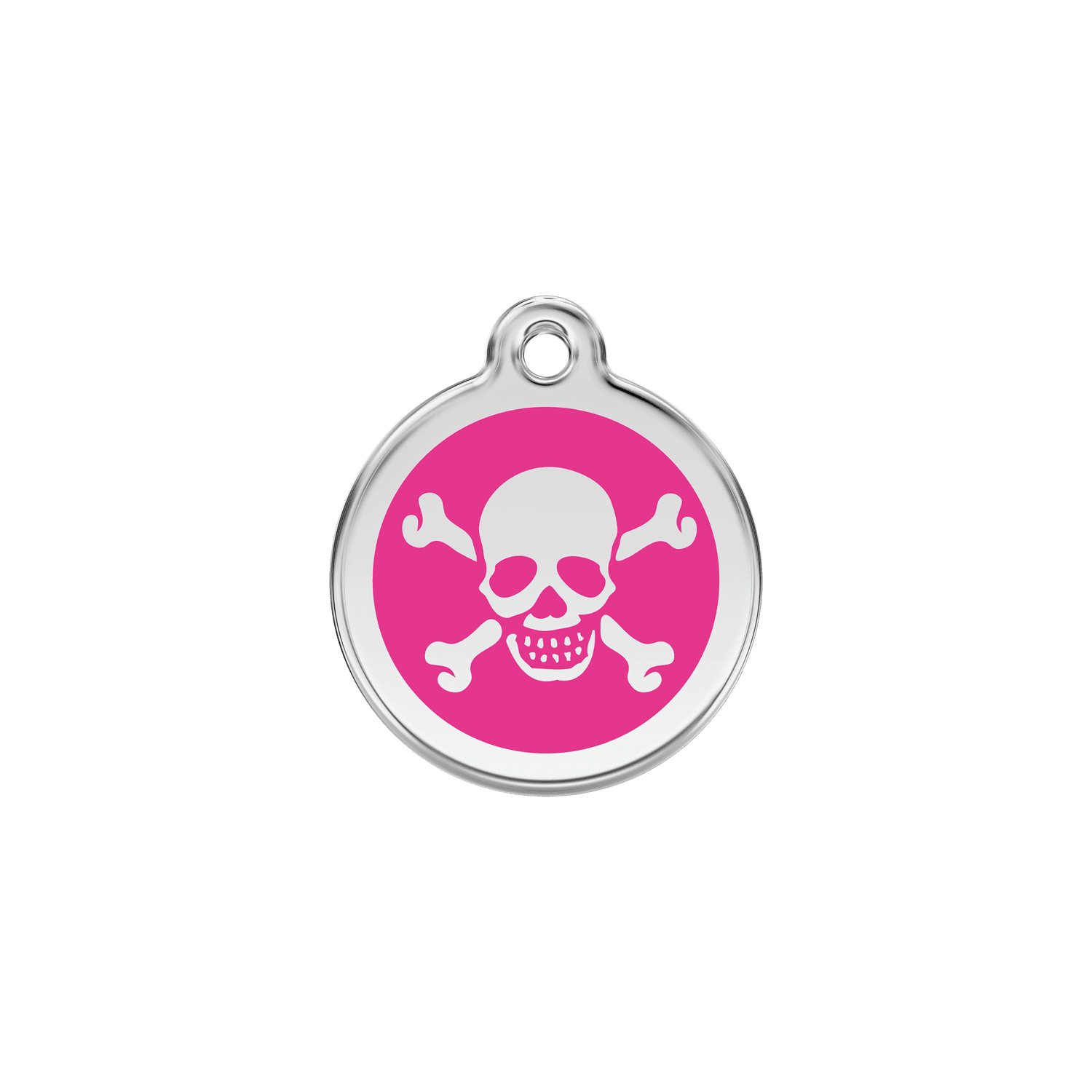 Vue avant - Médaille personnalisée en émail et acier inoxydable pour chat - Red Dingo - Tête de mort rose vif - Größe S
