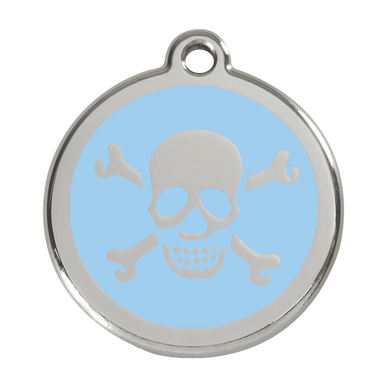 Vue avant - Médaille personnalisée pour chien Red Dingo Émail et acier inoxydable - Tête de mort bleu clair - Größe L