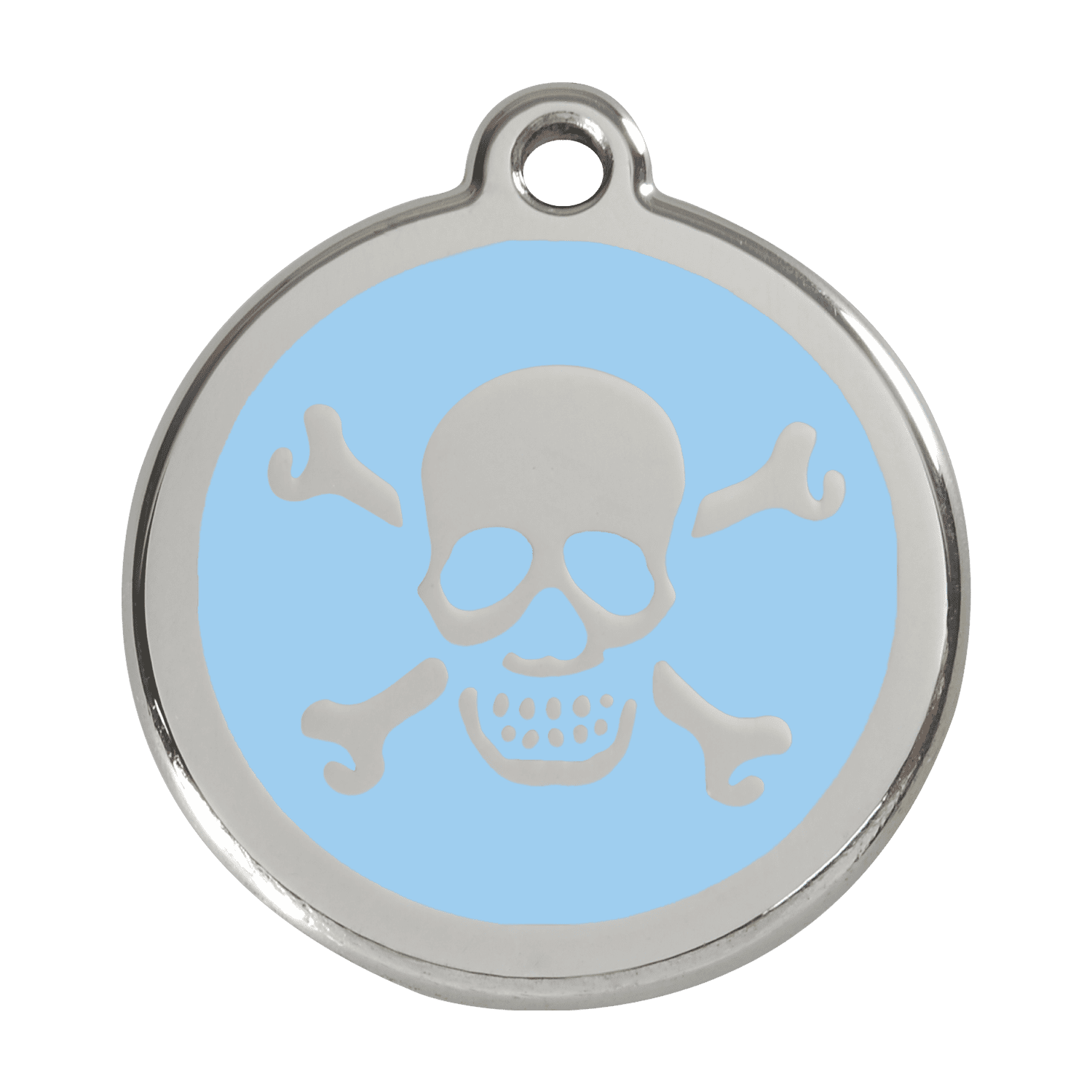 Vue avant - Médaille personnalisée pour chien Red Dingo Émail et acier inoxydable - Tête de mort bleu clair - Größe L