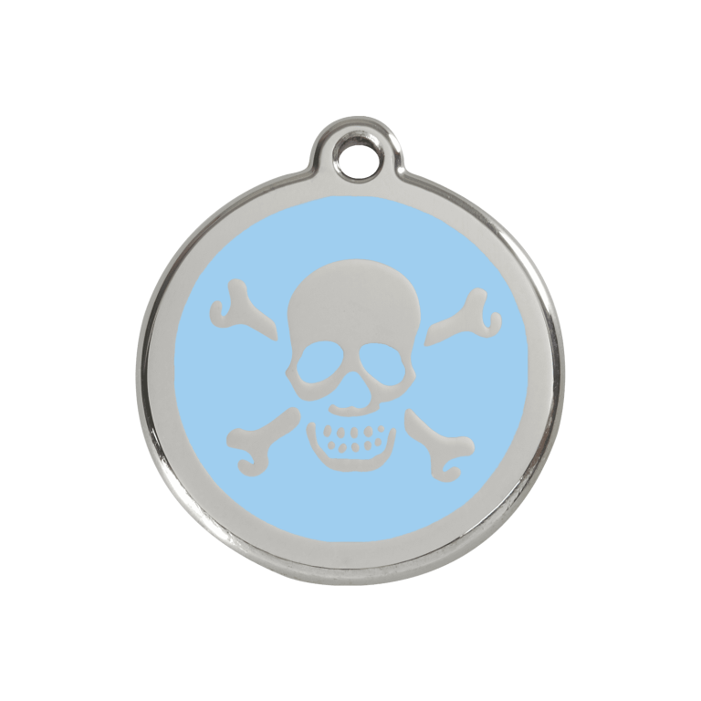 Vue avant - Médaille personnalisée pour chien Red Dingo Émail et acier inoxydable - Tête de mort bleu clair - Größe M