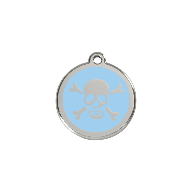 Vue avant - Médaille personnalisée pour chien/chat Red Dingo Émail et acier inoxydable - Tête de mort bleu clair - Größe S