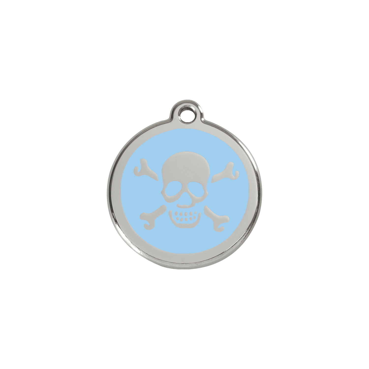 Vue avant - Médaille personnalisée pour chien/chat Red Dingo Émail et acier inoxydable - Tête de mort bleu clair - Größe S
