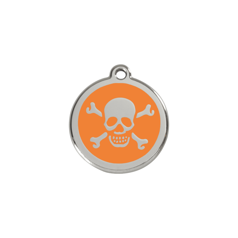 Vue avant - Médaille personnalisée pour chien/chat Red Dingo Émail et acier inoxydable - Tête de mort orange - Größe S