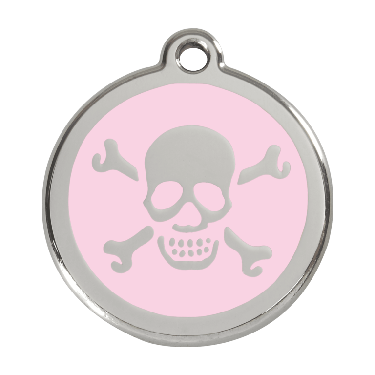 Vue avant - Médaille personnalisée pour chien - Red Dingo Émail et acier inoxydable - Tête de mort rose - Größe L