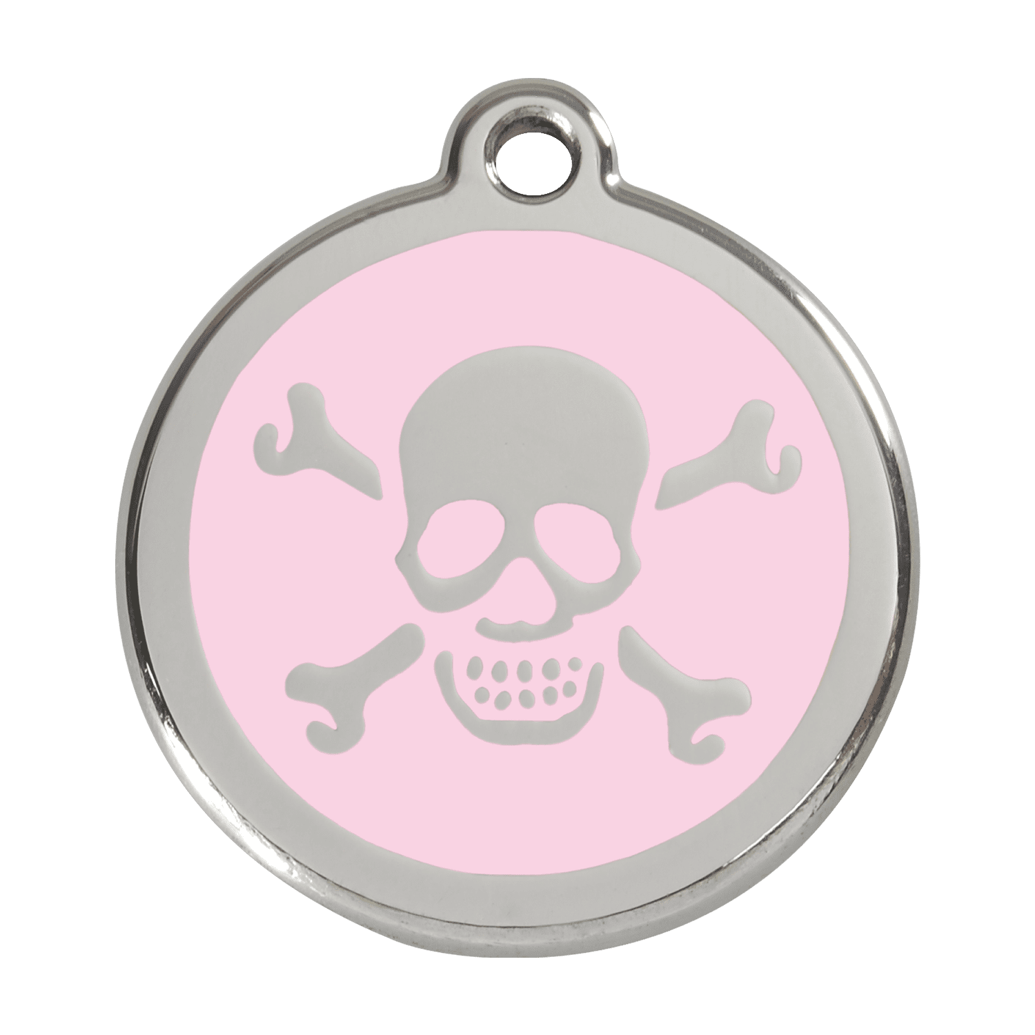 Vue avant - Médaille personnalisée pour chien - Red Dingo Émail et acier inoxydable - Tête de mort rose - Größe L
