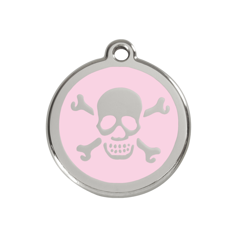 Vue avant - Médaille personnalisée pour chien/chat Red Dingo rose en émail et acier inoxydable - Tête de mort - Größe M