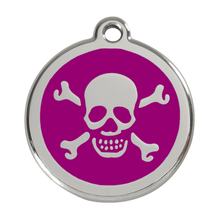 Vue avant - Médaille personnalisée pour chien Red Dingo Émail et acier inoxydable - Tête de mort violet - Größe L