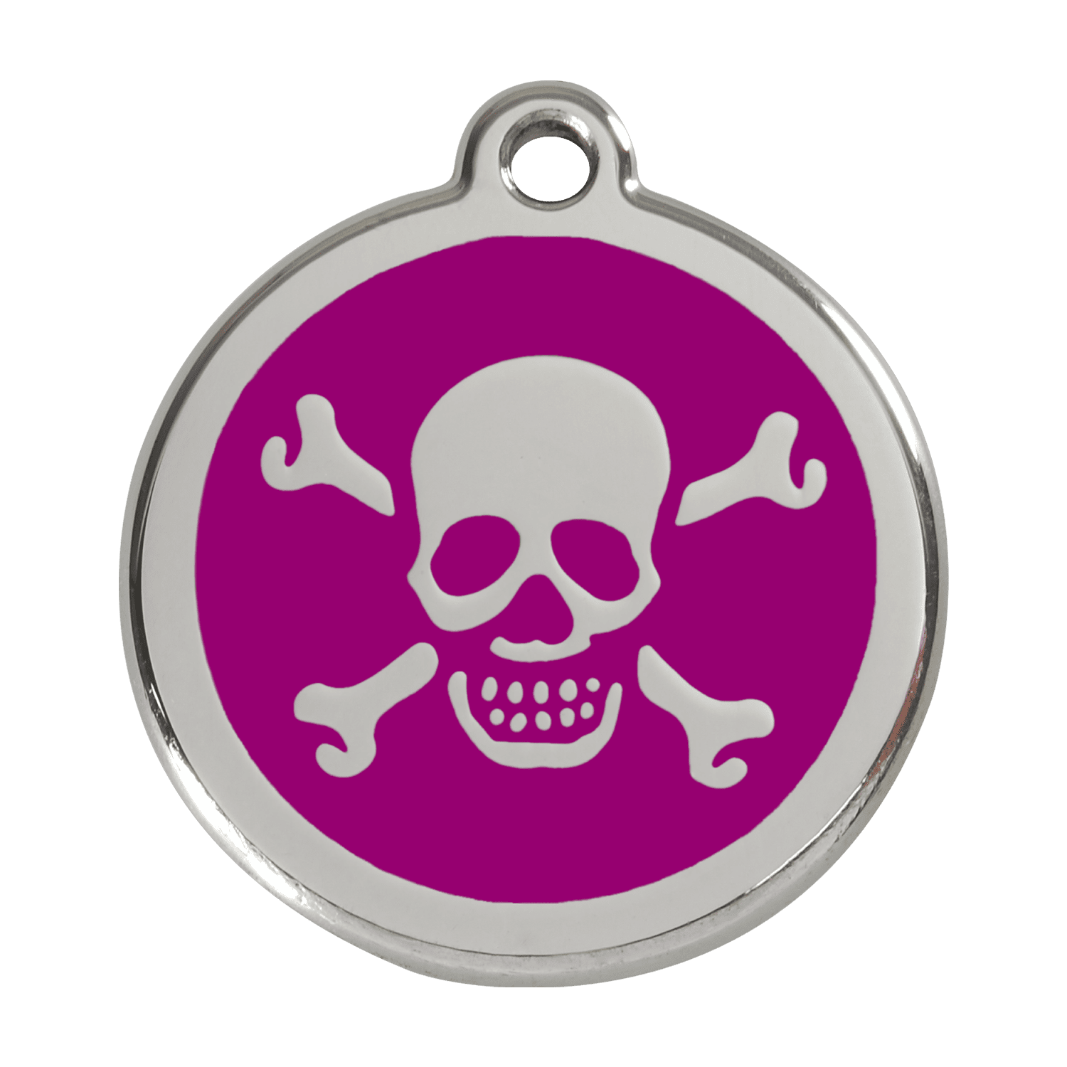 Vue avant - Médaille personnalisée pour chien Red Dingo Émail et acier inoxydable - Tête de mort violet - Größe L