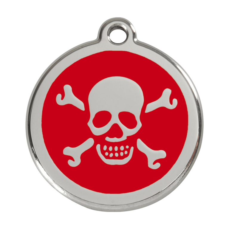 Vue avant - Médaille personnalisée pour chien Red Dingo en émail et acier inoxydable - Tête de mort rouge - Größe L