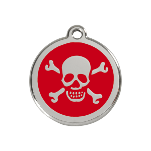 Hundemarke Totenkopf Rot Größe M aus Emaille und Edelstahl