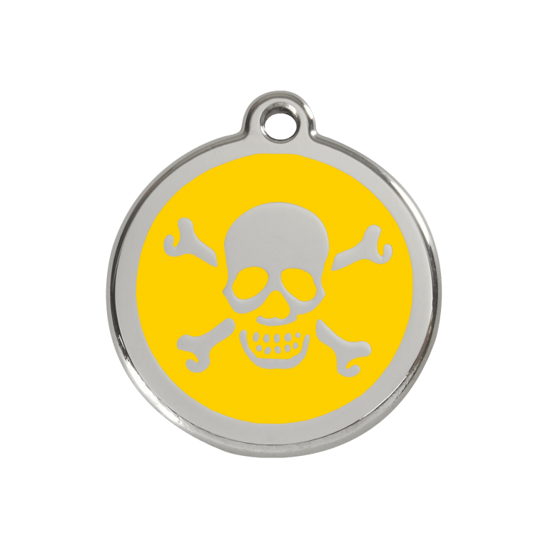 Vue avant - Médaille personnalisée pour chien/chat Red Dingo Émail/Acier Jaune 30mm - Tête de mort - Größe M