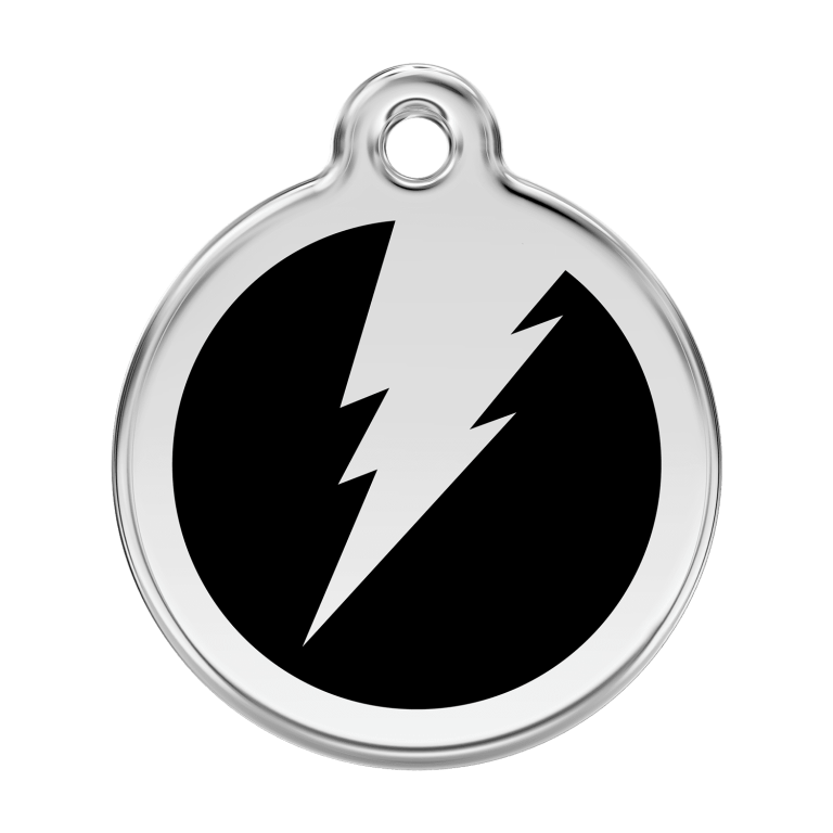 Vue avant - Médaille personnalisée pour chien Red Dingo Émail et acier inoxydable - Motif éclair - Noir - Größe L