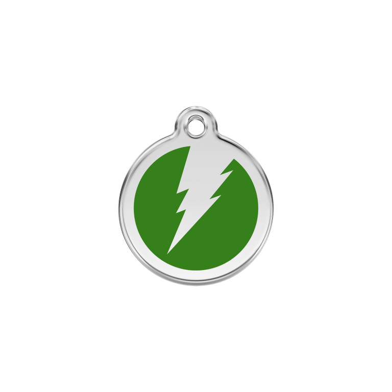 Vue avant - Médaille personnalisable pour chien/chat Red Dingo Émail et acier inoxydable - Motif éclair vert - Größe S