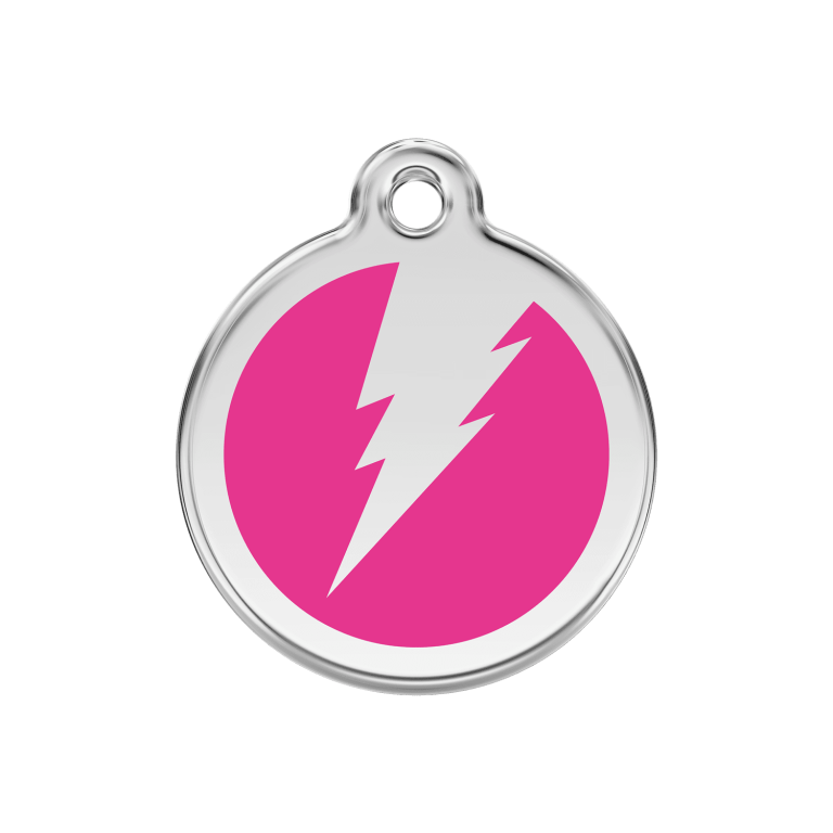 Vue avant - Médaille personnalisée pour chien Red Dingo Émail et acier inoxydable - Motif éclair - Rose vif - Größe M